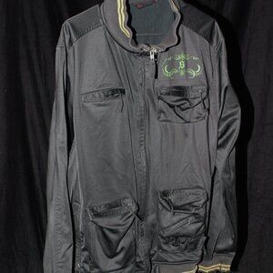 Stimuli XXL VINTAGE Black Jacket Mens Green stripes 6 pockets Punk Goth Rocker